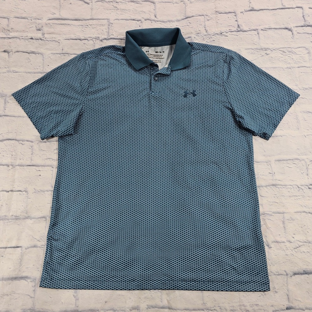 Under Armour Performance Polo Mens Medium Blue Geometric Honeycomb Short Sleeve